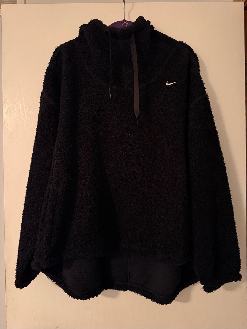 Nike Women's Black Sherpa Pullover Hoodie with White Swoosh
